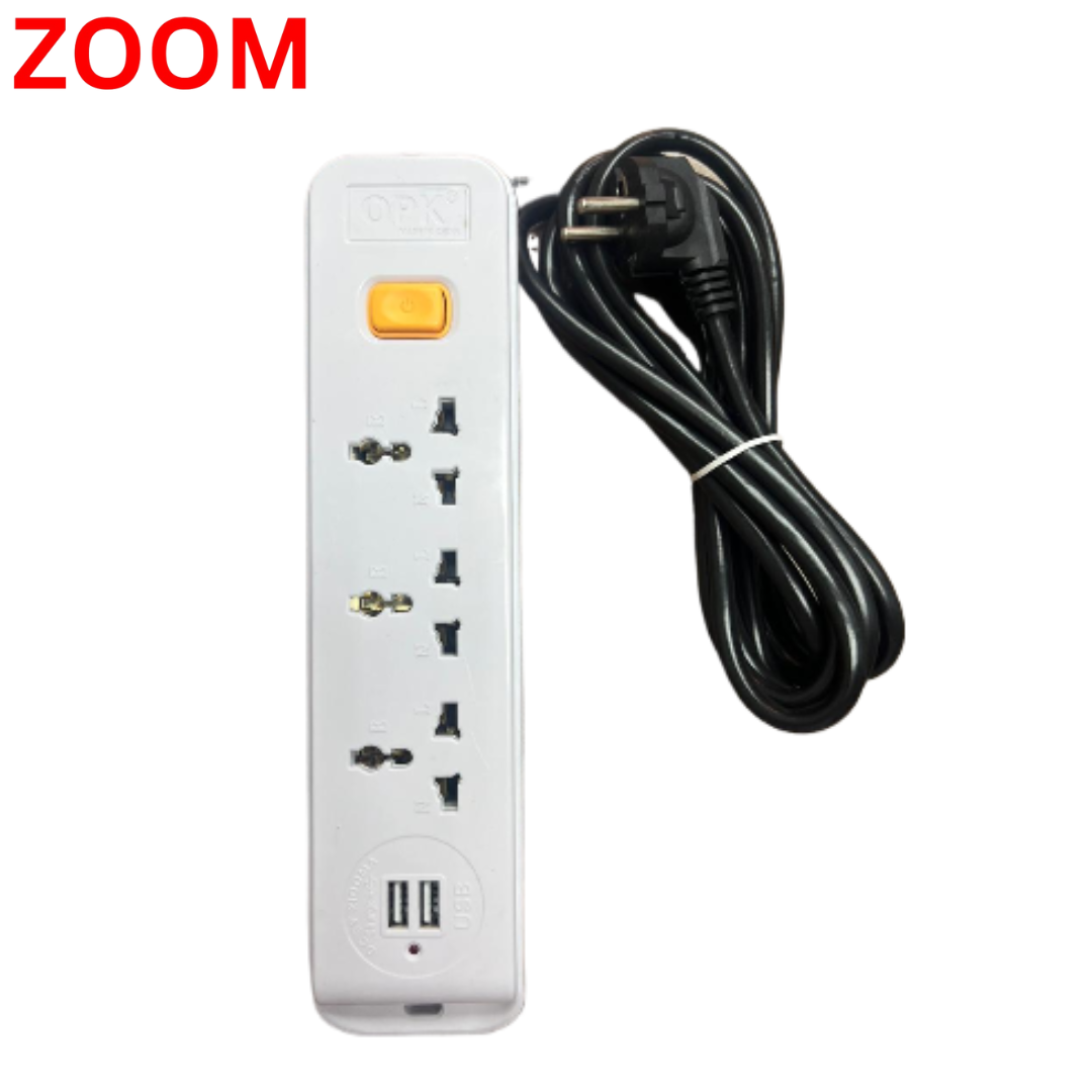 ZOOM Extension Lead with 2 Meters Heavy Duty Copper Cable, 3 Power Sockets Extension Board with 2 USB ports.